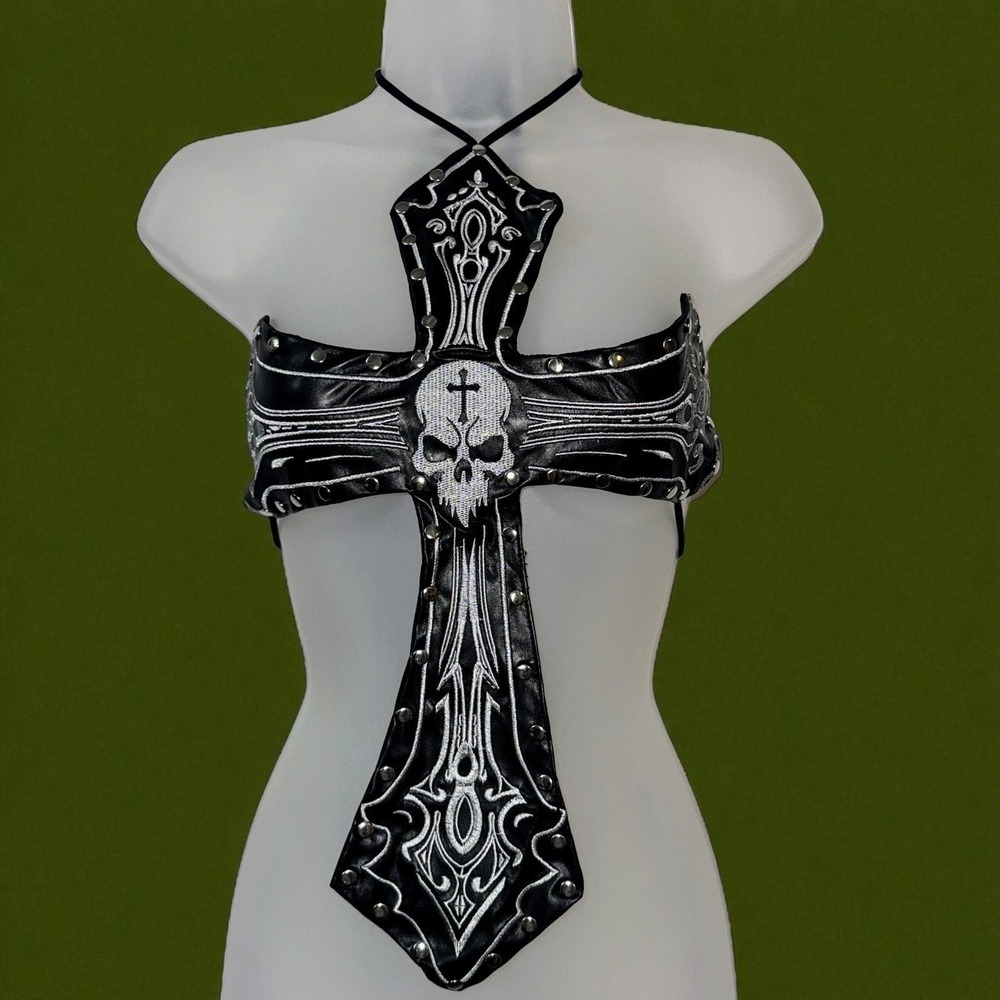 Large Black Cross Skull Backless Halter Top Studded Leather Rave EDM Vegan - Picture 2 of 4